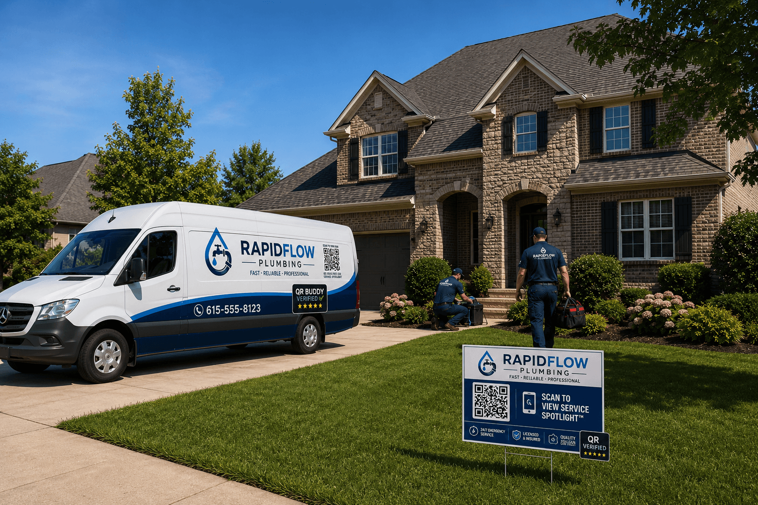 RapidFlow Van + QR Yard Sign at Job Site