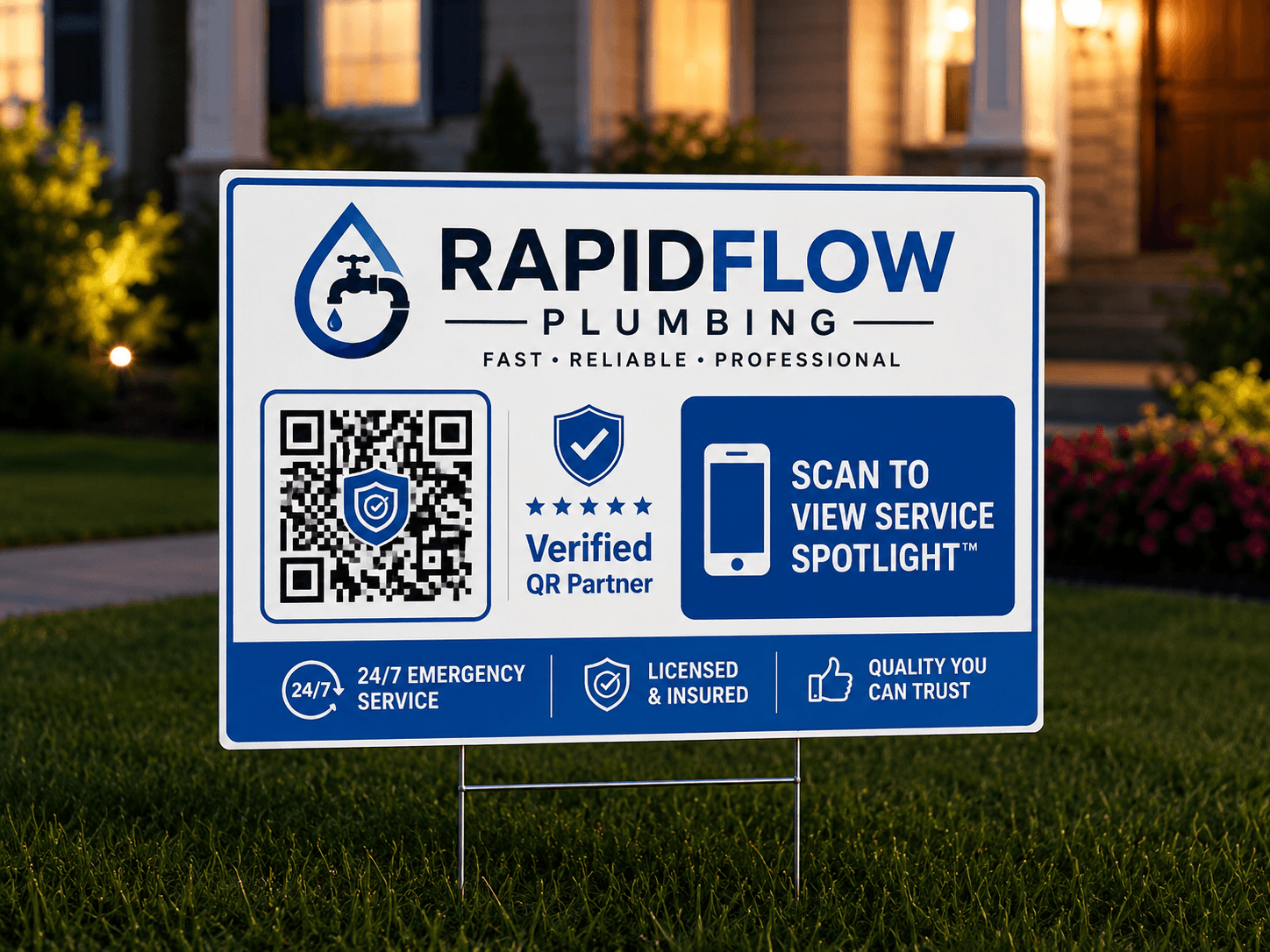 RapidFlow QR Yard Sign Planted in Front Yard