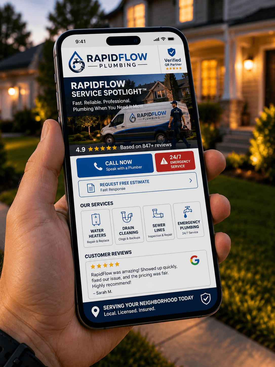 Phone Screen Showing Plumber&rsquo;s Service Spotlight